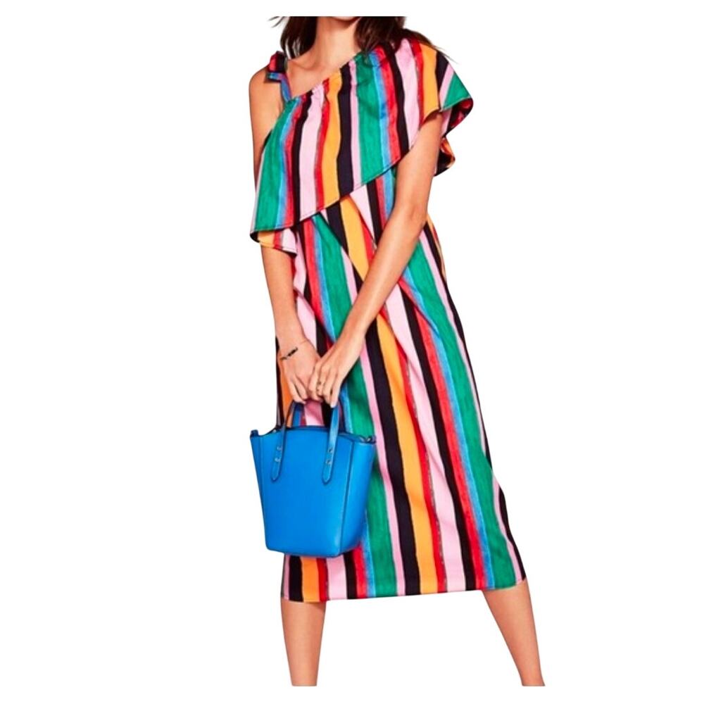 Maximalist Dopamine Ruffled One Shoulder Candy Stripe Mod Midi Tropical Dress M